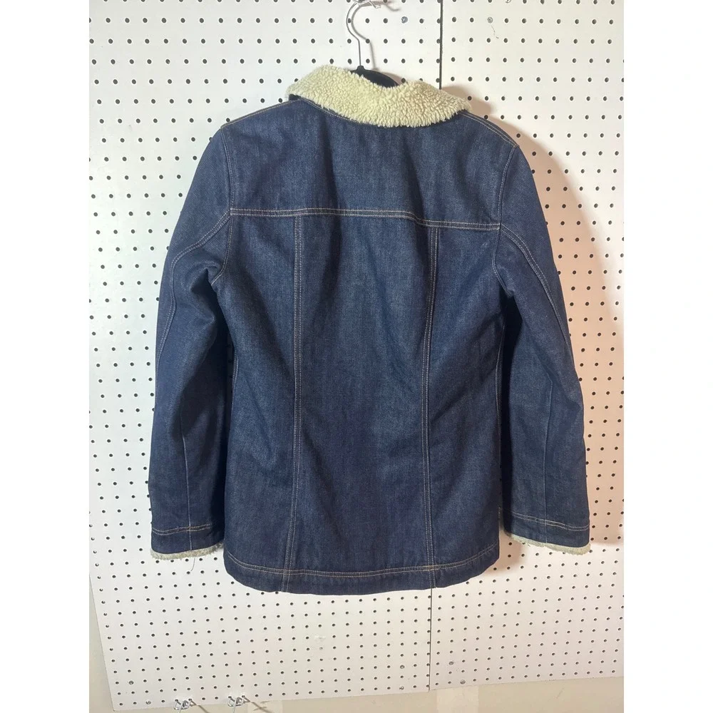 Gap Denim Sherpa Lined Trucker Jacket Womens Medium Dark Wash Blue Jean Coat - Picture 3 of 4